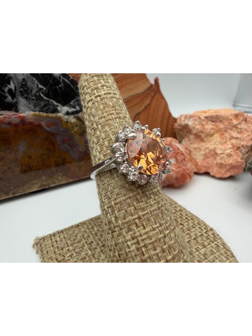 Champagne Gemstone White Topaz Halo Sterling Silver Ring Size 6